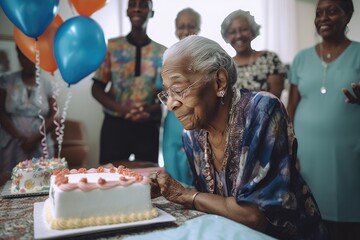 Seniors celebrating a birthday in a nursing home - obrazy, fototapety, plakaty