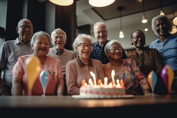 Seniors celebrating a birthday in a nursing home - Powered by Adobe