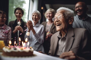 Seniors celebrating a birthday in a nursing home