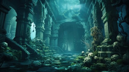 Coral City Ruins, Illustrate the remains of an ancient city submerged beneath the ocean game art