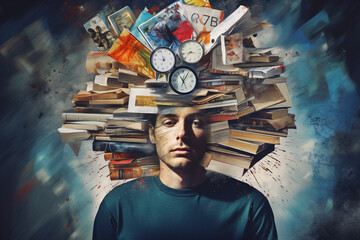 Burnt out or oberthinking concept. Man with books clock and other stuff arround his head. High quality photo