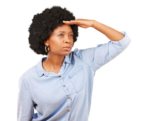 Woman, hand and search in distance, future and looking ahead isolated on a transparent, png background. Student, african and girl with vision, goal and ambition with serious focus while thinking