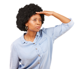 Woman, hand and search in distance, future and looking ahead isolated on a transparent, png background. Student, african and girl with vision, goal and ambition with serious focus while thinking
