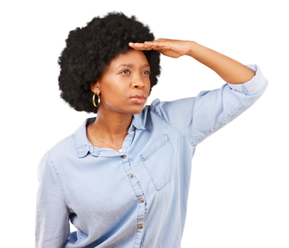 Woman, hand and search in distance, future and looking ahead isolated on a transparent, png background. Student, african and girl with vision, goal and ambition with serious focus while thinking - Powered by Adobe