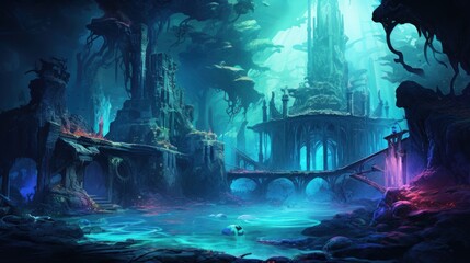 Obraz premium Coral City Ruins, Illustrate the remains of an ancient city submerged beneath the ocean game art