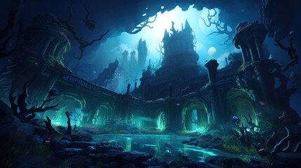 Coral City Ruins, Illustrate the remains of an ancient city submerged beneath the ocean game art