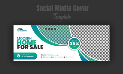 Corporate and modern home sale social media cover banner template for real estate company, web advertising with abstract gradient color shapes