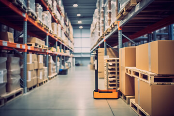 A spacious warehouse filled with neatly stacked boxes