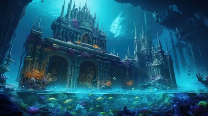 Coral City Ruins, Illustrate the remains of an ancient city submerged beneath the ocean game art