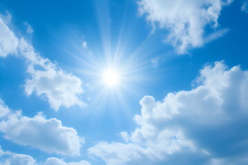 Naklejka na ściany i meble blue sky with fluffy white clouds and sun with lens flare