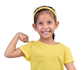 Strong, happy and portrait of a child with muscle isolated on a transparent png background....