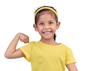 Strong, happy and portrait of a child with muscle isolated on a transparent png background. Excited, smile and a girl kid showing biceps, arms and power from exercise with confidence and motivation
