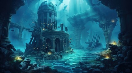 Obraz na płótnie Canvas Coral City Ruins, Illustrate the remains of an ancient city submerged beneath the ocean game art