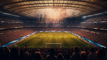 Football stadium with crowd of fans and lights. banner, ai generative