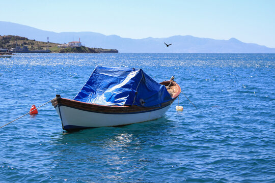 Historical Old Foça bay with its magnificent view, small boats. İzmir Turkey travel., Photos from Old Foca