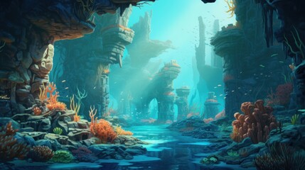 Coral City Ruins, Illustrate the remains of an ancient city submerged beneath the ocean game art