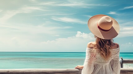 Fototapeta na wymiar woman in straw hat looking at tropical sea, space to write