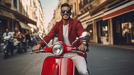 Photo sur Plexiglas Scooter Boy riding a vintage red scooter in Italy streets, summer vacation concept