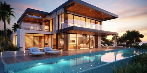Fototapeta premium Modern luxury villa with swimming pool at sunset