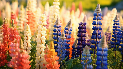  a field of colorful flowers in the sun with a blurry background.  generative ai