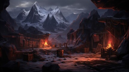 Depict a forge nestled near a volcano where mythical weapons are crafted game art