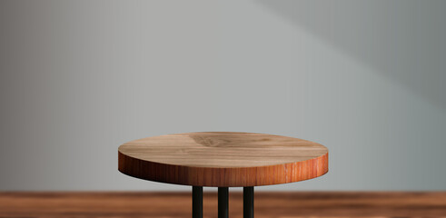 Round wooden coffee table, product display stand, ads mock-up, 3d illustration