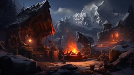Obraz premium Depict a forge nestled near a volcano where mythical weapons are crafted game art