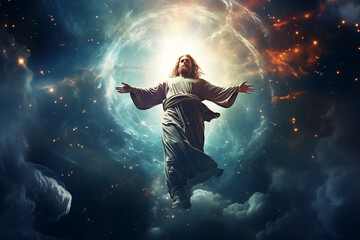 Fototapeta na wymiar Savior of the Cosmos, Jesus in Space with a Galactic Backdrop