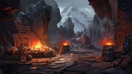 Obraz premium Depict a forge nestled near a volcano where mythical weapons are crafted game art