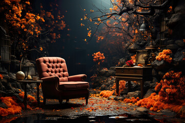 In the background of autumn, there is a large brown leather armchair and piano with Generative AI