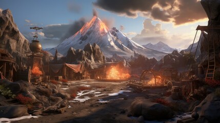 Fototapeta premium Depict a forge nestled near a volcano where mythical weapons are crafted game art