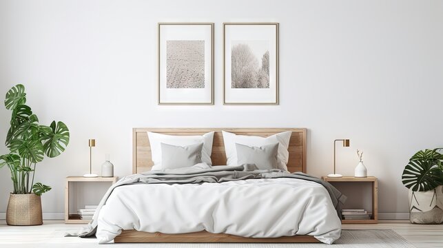  a bedroom with a bed and two framed pictures on the wall.  generative ai