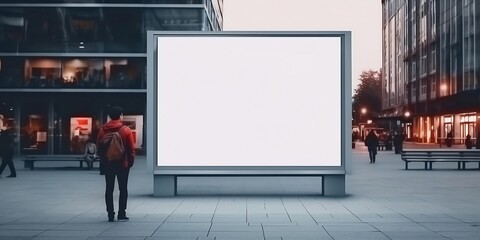 display blank clean screen or signboard mockup for offers or advertisement in public area with people walking by. generative ai. - obrazy, fototapety, plakaty