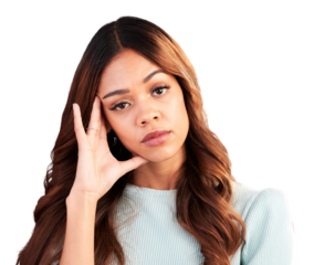 Portrait, stress and woman frustrated isolated on transparent png background with hand on head. Mental health, doubt and confused, angry model brainstorming problem, brain fog and planning solution.