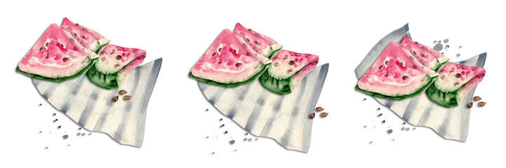 A set of pieces of ripe watermelon on a cloth napkin. Isolated watercolor illustration for your design