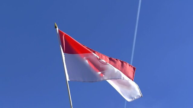Vorarlberg Flagge weht im Wind, blauer Himmel im Hintergrund