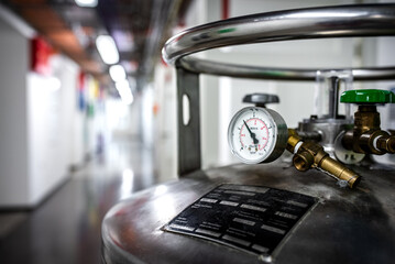 Pressure gauge equipment mounted on liquid nitrogen tank, chemical or pharmaceutical factory or...