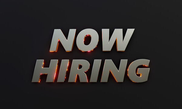 Word "Now Hiring" is written on dark background with cinematic and neon text effect. 3D Rendering