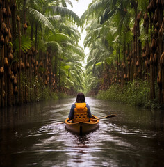 The river to the jungle woman guiding a canoe down a rainswept mahogany river in the ecuadorian amazon, wanderlust travel stock images, travel stock photos wanderlust