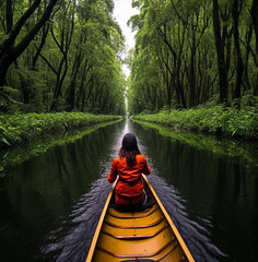 The river to the jungle woman guiding a canoe down a rainswept mahogany river in the ecuadorian amazon, wanderlust travel stock images, travel stock photos wanderlust - obrazy, fototapety, plakaty