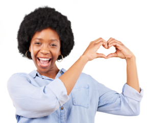 Happy portrait, heart and hands of woman for care, kindness or charity donation isolated on transparent png background. Face of african model with finger, shape and icon of love, thank you and emoji