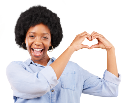 Happy portrait, heart and hands of woman for care, kindness or charity donation isolated on transparent png background. Face of african model with finger, shape and icon of love, thank you and emoji