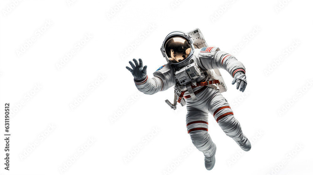 Wall mural astronaut in a spacesuit in zero gravity waves his hand at the camera. generative ai.