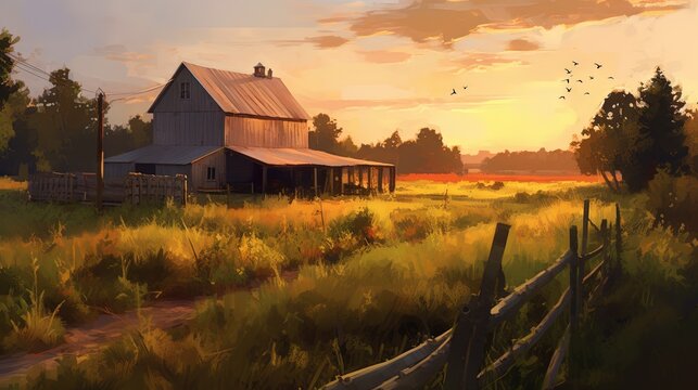  a painting of a barn in a field with a sunset in the background.  generative ai
