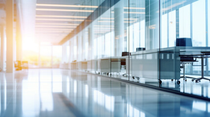 modern office buildings with large windows on a sunny morning, without people. Generative Ai. 