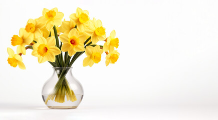 glass vase with yellow daffodils on a white background with empty space to insert. Generative Ai. 