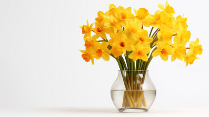 glass vase with a bouquet of yellow daffodils on a white background with empty space to insert. Generative Ai. 