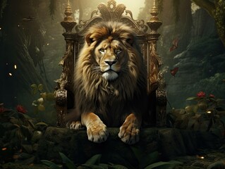 Lion on a throne in the jungle