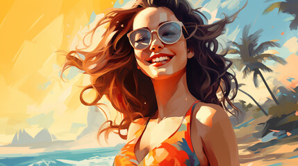 happy young woman on a sunny day at the beach, colorful illustration. Generative Ai. 