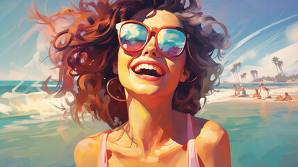 young smiling woman in sunglasses on the beach close-up, colorful illustration. Generative Ai. 